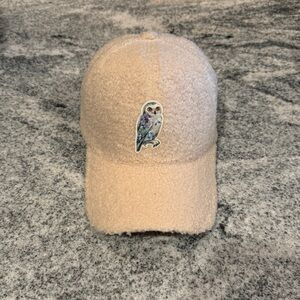 New Custom Designed Ivory Teddy Sherpa Baseball Cap with Embroidered Owl.